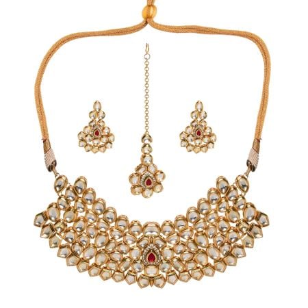 Mirror Stone Choker Necklace Set with Ruby Center and Matching Tikka